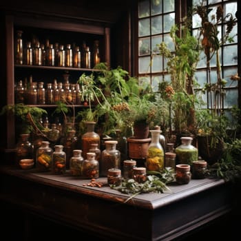 shelves with many glass bottles and herbs in a room or greenhouse .Herbal apothecary aesthetics.rustic style. home of a healer or medicine man. Generative AI