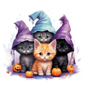 Cute pastel colored kittens in Halloween costumes. clipart on white background in a watercolor style. Generative AI