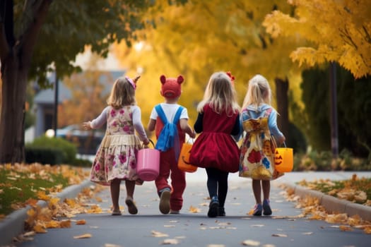 Young kids trick or treating during Halloween, back view. Generative AI