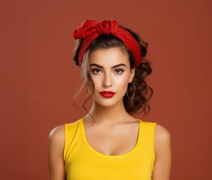 beautiful young brunette with red lipstick, yellow top and red bandage Isolated on a colored background.Generative AI