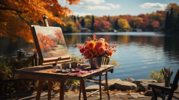 the artist's easel among the autumn foliage stands by the pond .Generative AI
