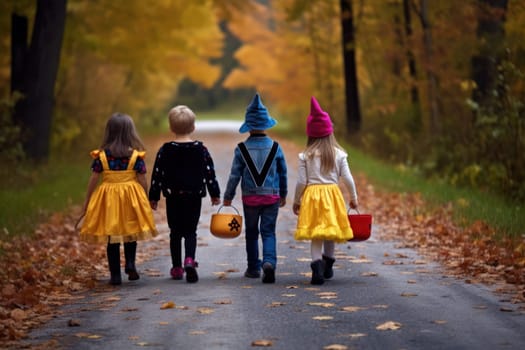 Young kids trick or treating during Halloween, back view. Generative AI