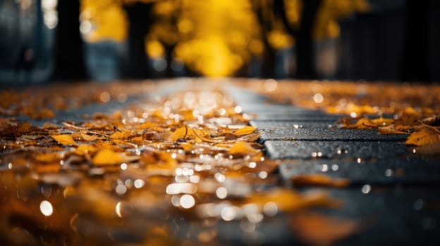 Autumn alley with golden foliage, flooded with sun.cozy autumn with blurred hazy park background. Generative AI