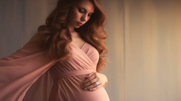 woman pregnant expecting maternity pink dress mom, ai