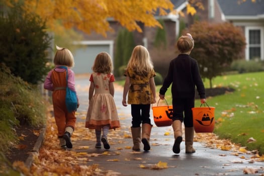 Young kids trick or treating during Halloween, back view. Generative AI
