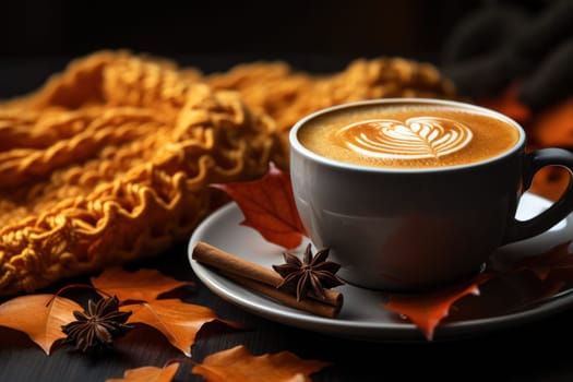 a cup of cappuccino with cinnamon on the table on autumn background.Generative AI