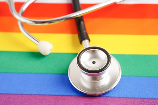 LGBT symbol, Stethoscope with rainbow ribbon, rights and gender equality, LGBT Pride Month in June.