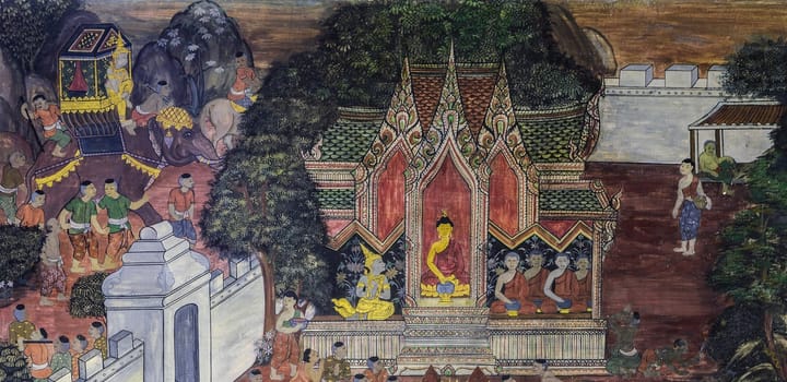 BANGKOK ,THAILAND - NOVEMBER 5, 2014 : Ancient Buddhist temple mural painting of the life of Buddha inside of Wat Pho in Bangkok, Thailand