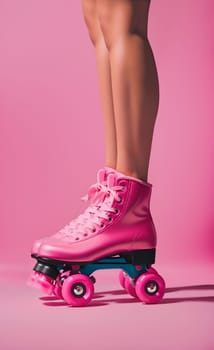 Cropped view of woman in pink roller skates on pink background. Barbie style. Sport, health, fashion concept. AI generated