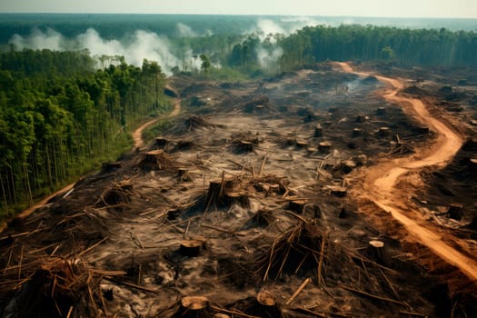 Aerial view of deforestation in a rainforest, concept of environment, ecology, climate change, global warming. Trees cut and burned on illegally to open land for agriculture and livestock. AI generated