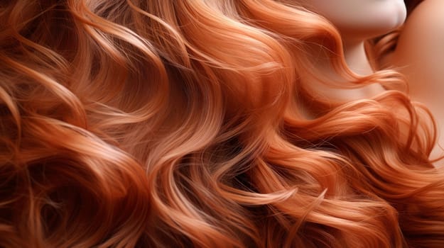 Close-up of the wavy red hair of a young woman. Women's long orange hair. Beautifully styled wavy shiny curls. AI generated