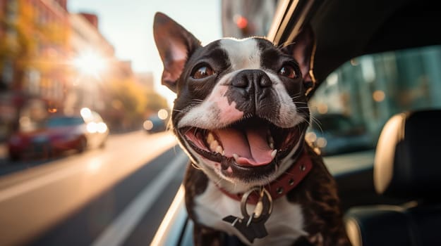 Dog with smile looking out of car window. Dog enjoying from traveling by car. Boston terrier looking through window on road. AI generated
