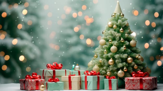 Beautiful decorated christmas tree with present boxes. Christmas Tree with Decorations. AI generated