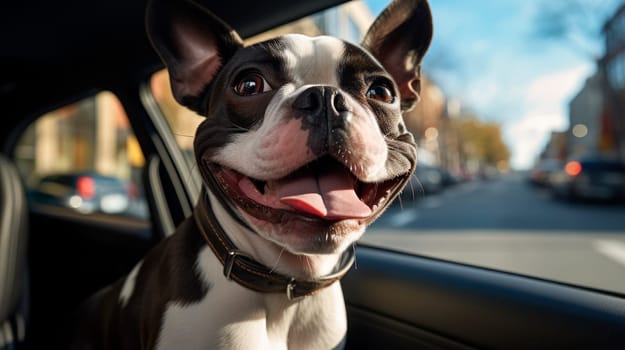 A  funny dog traveling in the car. Dog passenger. Dog enjoying from traveling by car.AI generated