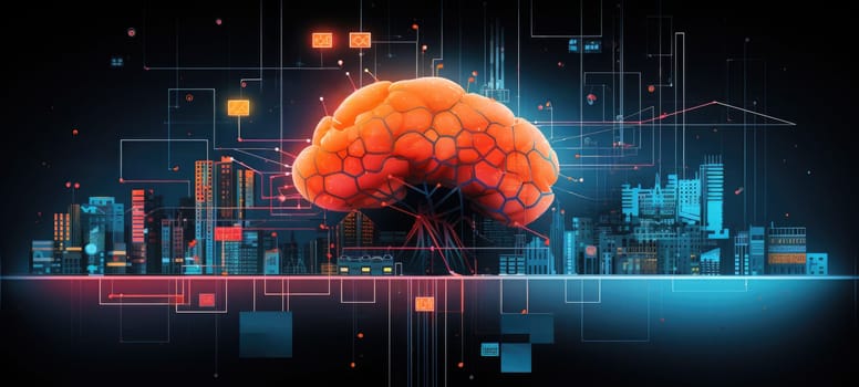 brain knowledge city digital illustration, ai