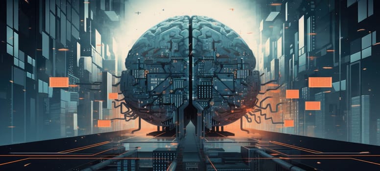 brain knowledge city digital illustration, ai