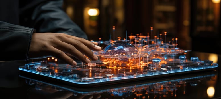 man touch futuristic tablet interface city, ai