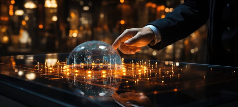 man touch futuristic tablet interface city, ai