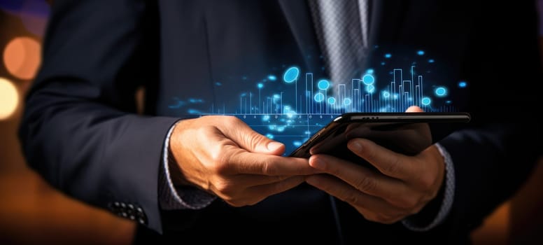businessman hand holding a smart phone stock market, ai