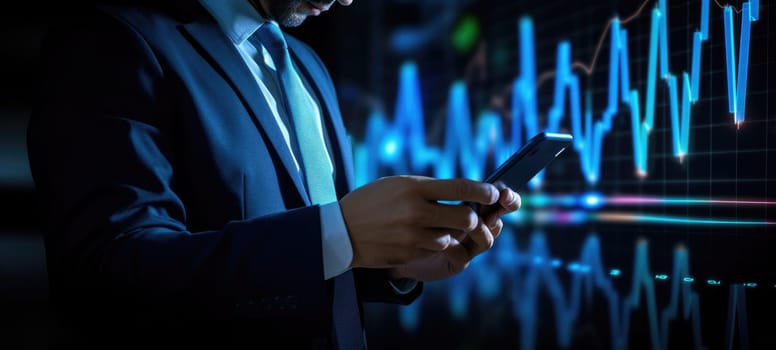 businessman hand holding a smart phone stock market, ai