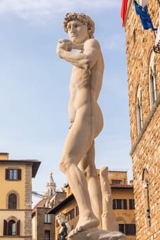 Italy, Florence. David by Michelangelo Buonarroti, antique marble sculpture, perfection man body
