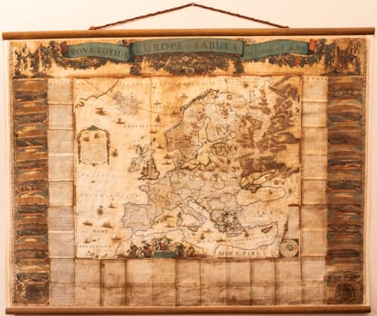 Genova, Italy - 8 August 2023: Spinola Palace. Authentic antique map shows the Europe known to Europeans in the mid 17-th Century. Exploration, geography, vintage background