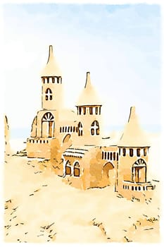 Creative illustration of sendcastles on a sunny beach with blue sky. Concept of leisure, holiday, vintage nostalgia memory