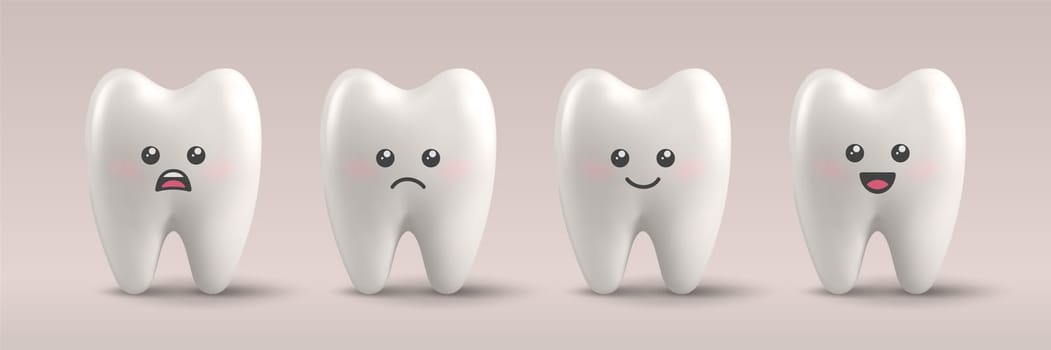 Vector 3d Realistic Tooth Set, Different Emotions, Face Expressions. Happy, Sad, Smiling Teeth. Dental Inspection Banner. Tooth Charcter with Face. Medical, Dentist Design, Dental Health Concept.