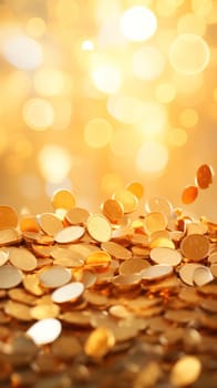 Bright background with falling gold coins, in light yellow and gold style. investment and profit. Generative AI