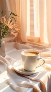 a cup of coffee on a white tablecloth in the morning sun. Generative AI