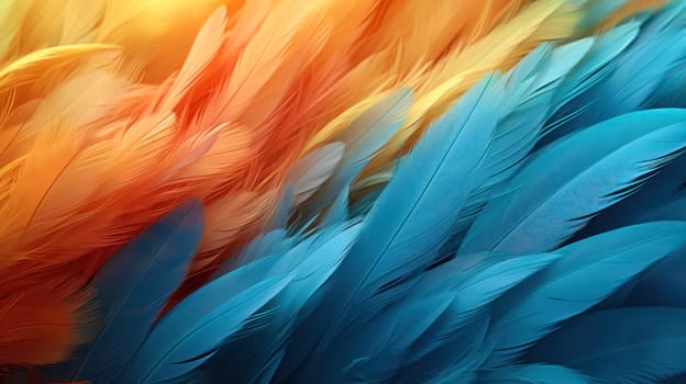 Texture background with feather surface of bright different colors in soft diffused light. Macro background of feathers, close-up. Generative AI