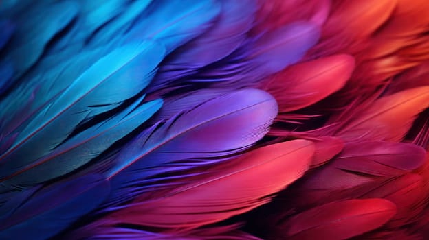 Texture background with feather surface of bright different colors in soft diffused light. Macro background of feathers, close-up. Generative AI