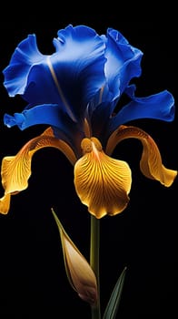 Blue iris close-up. Flowers on a black isolated background. wallpaper or background .Generative AI