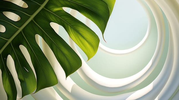 green monstera leaf on a light background with a graphic shadow. smooth lines and texture. harmony and grace. Generative AI