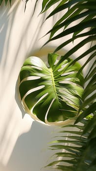 green monstera leaf on a light background with a graphic shadow. smooth lines and texture. harmony and grace. Generative AI