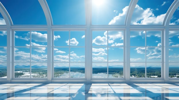 View of cloudy blue sky through floor-to-ceiling window background, Freedom and space concept.Generative AI
