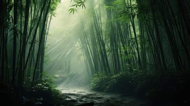 Vertical lines of a bamboo forest shrouded in misty haze. morning mist, zen world.Generative AI