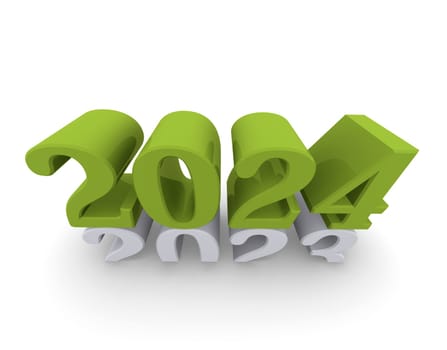 Green New Year 2024 concept 3d image on a white background, 3d rendering