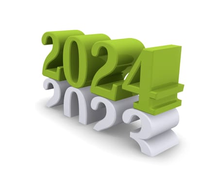 Green New Year 2024 concept 3d image on a white background, 3d rendering