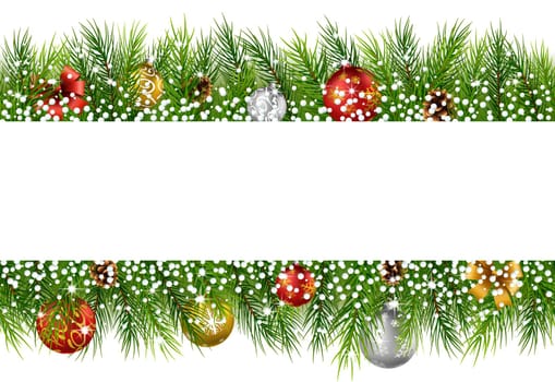 Christmas background with pine cone, ball and fir in snow