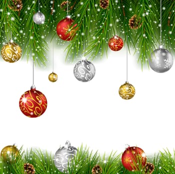 Christmas background with pine cone, ball and fir in snow