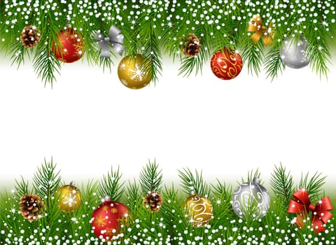 Christmas background with pine cone, ball and fir in snow