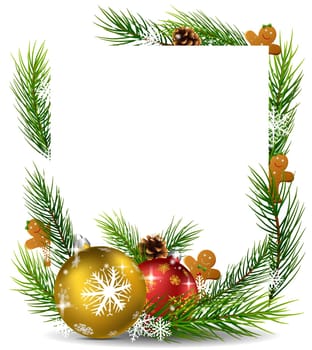 Christmas background with pine cone, ball and fir in snow