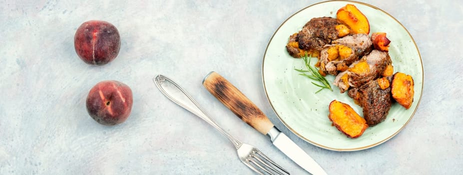 Diet baked beef steak with peach. Space for text