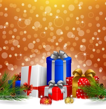 Christmas background with gift boxes on the snow