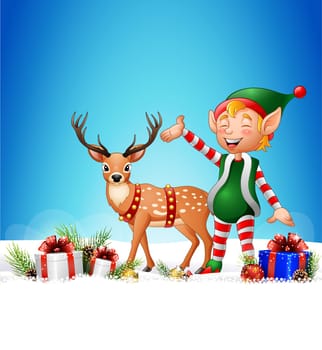 Cartoon funny elf with deer and gift boxes