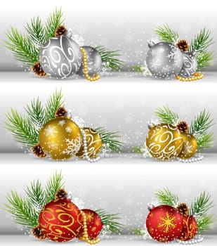 Christmas background with pine cone, ball and fir in snow