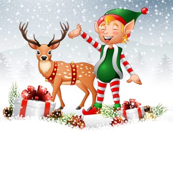 Cartoon funny elf with deer and gift boxes