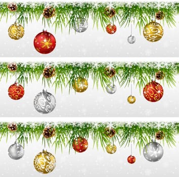 Christmas background with pine cone, ball and fir in snow