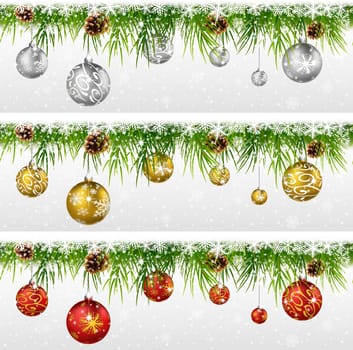 Christmas background with pine cone, ball and fir in snow